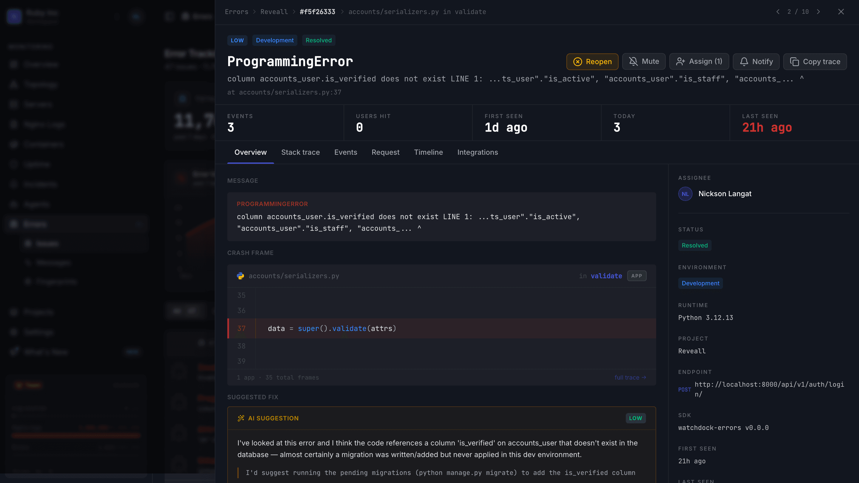 Watchdock AI suggestion diagnosing the root cause of a production error
